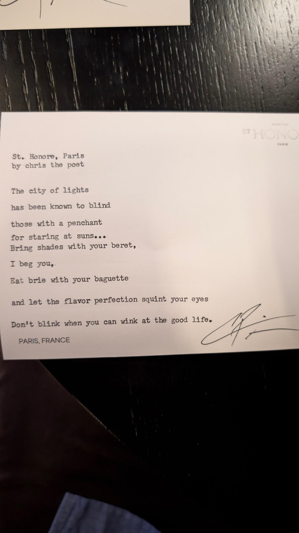 Original typewritten poem St. Honore, Paris by Chris the Poet