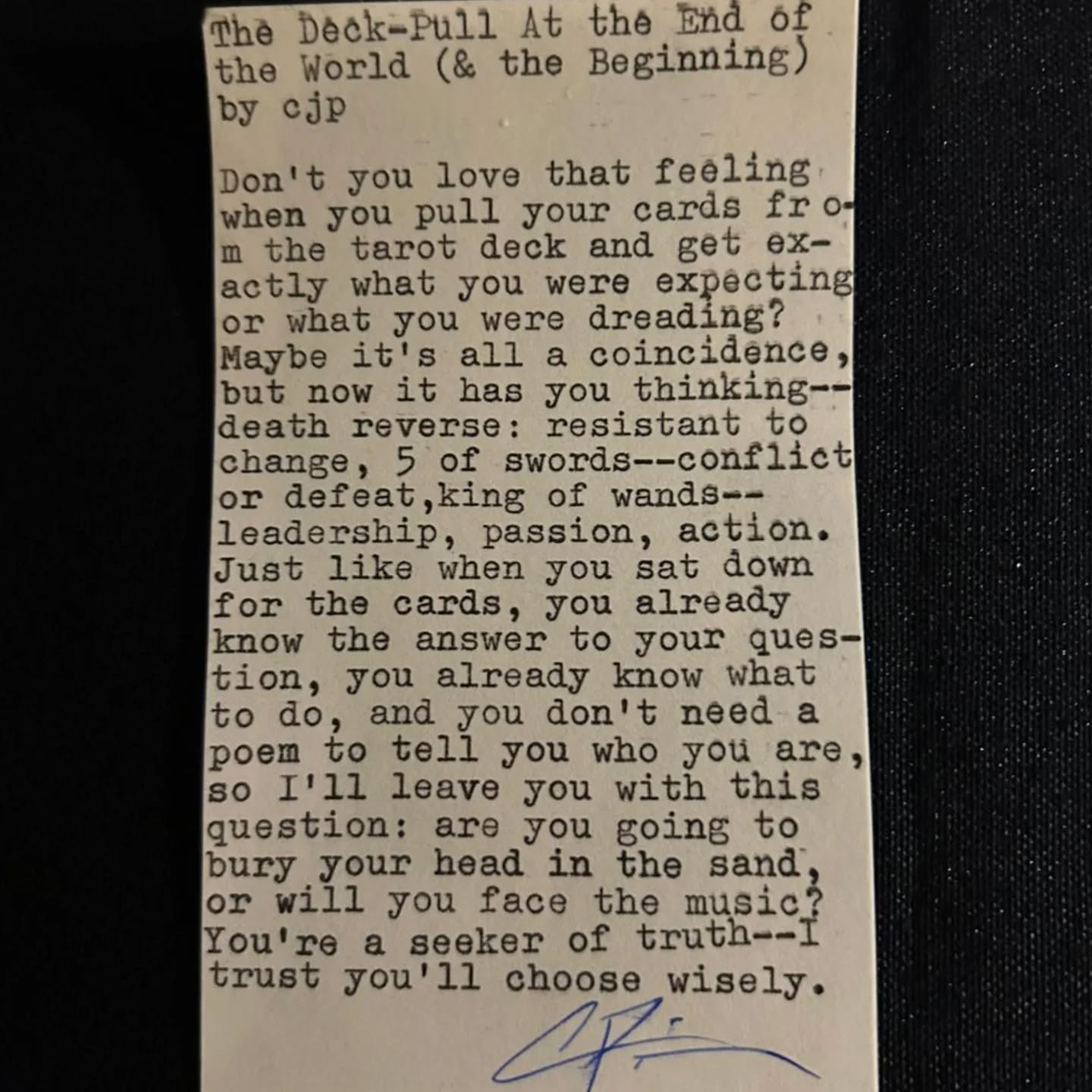 Original typewritten poem The Deck-Pull At the End of the World (& the Beginning) by Chris the Poet