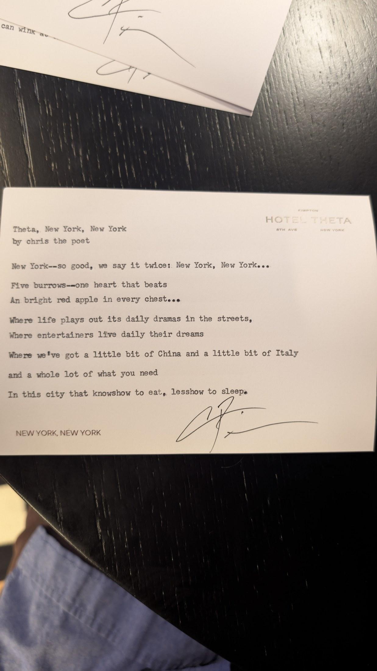 Original typewritten poem Theta, New York, New York by Chris the Poet
