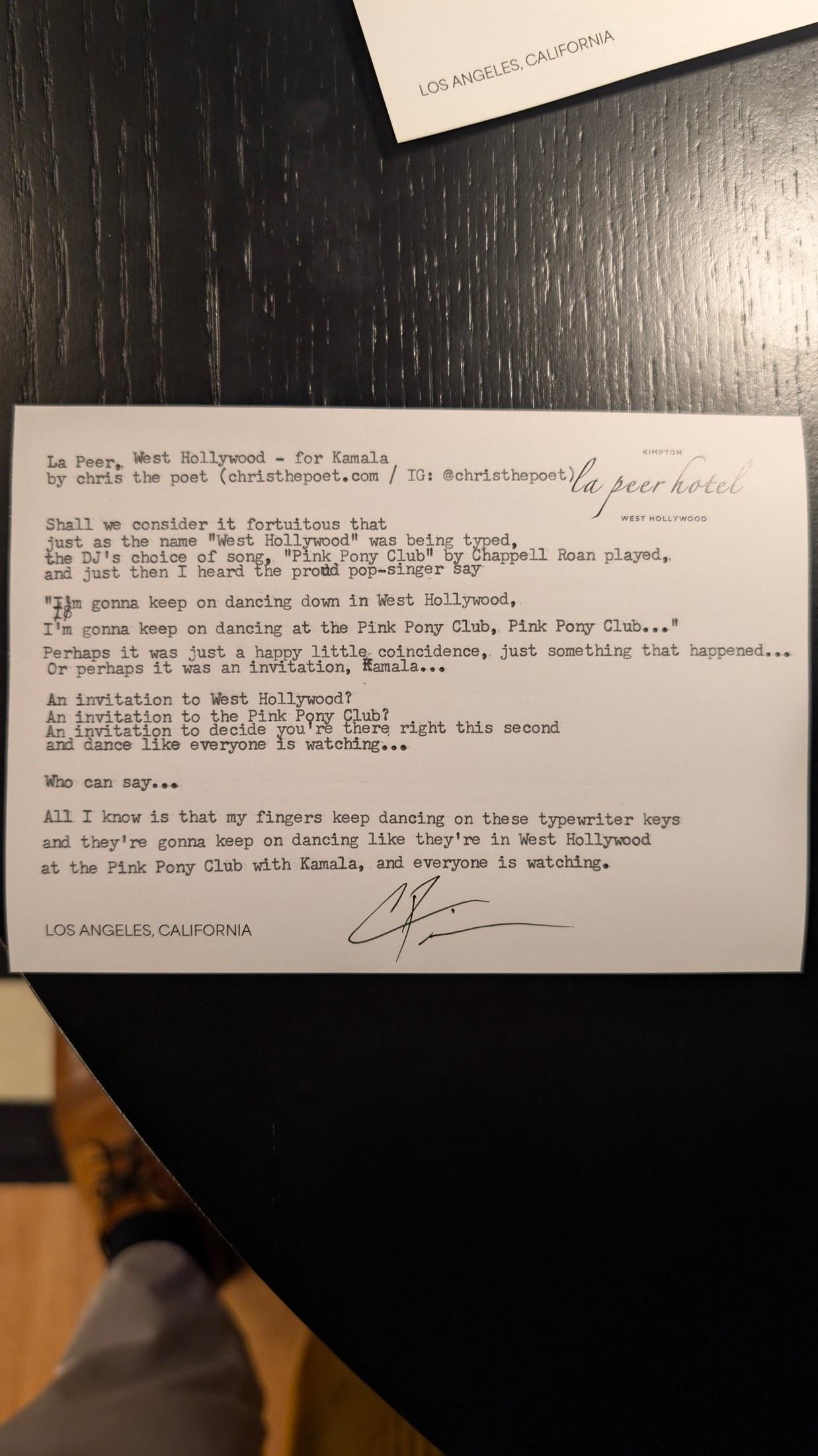 Original typewritten poem La Peer, West Hollywood - For Sandy by Chris the Poet