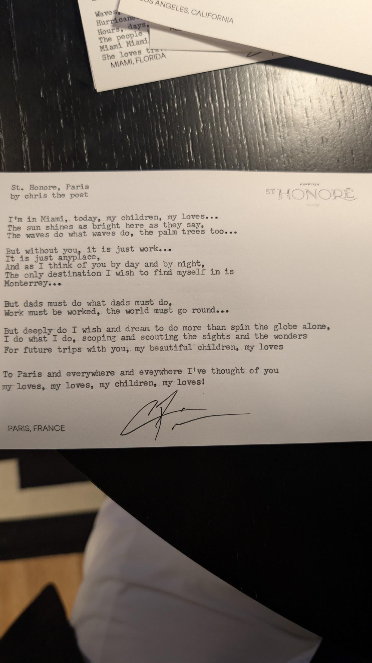 Original typewritten poem St. Honore, Paris by Chris the Poet