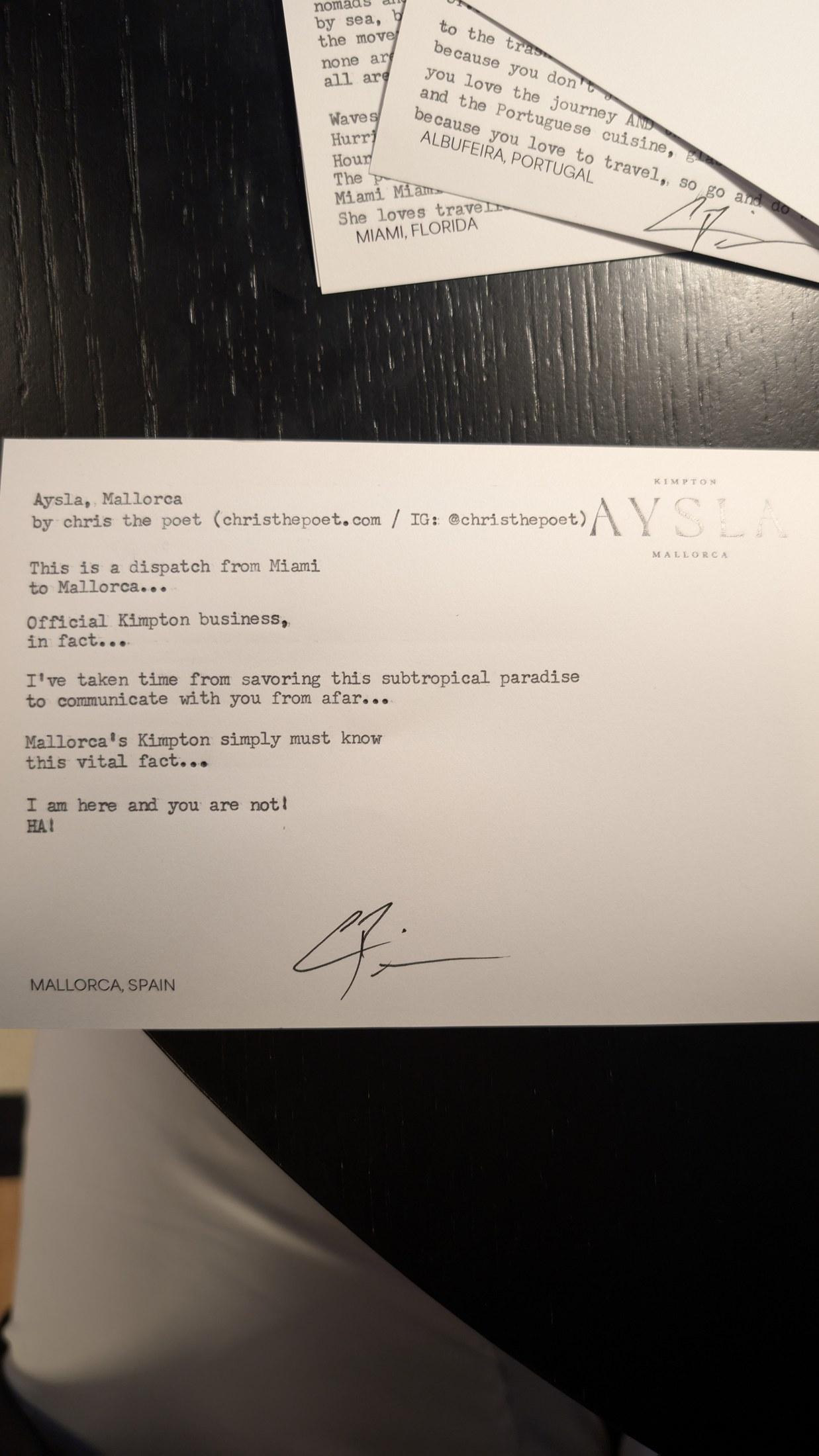 Original typewritten poem Aysla, Mallorca by Chris the Poet