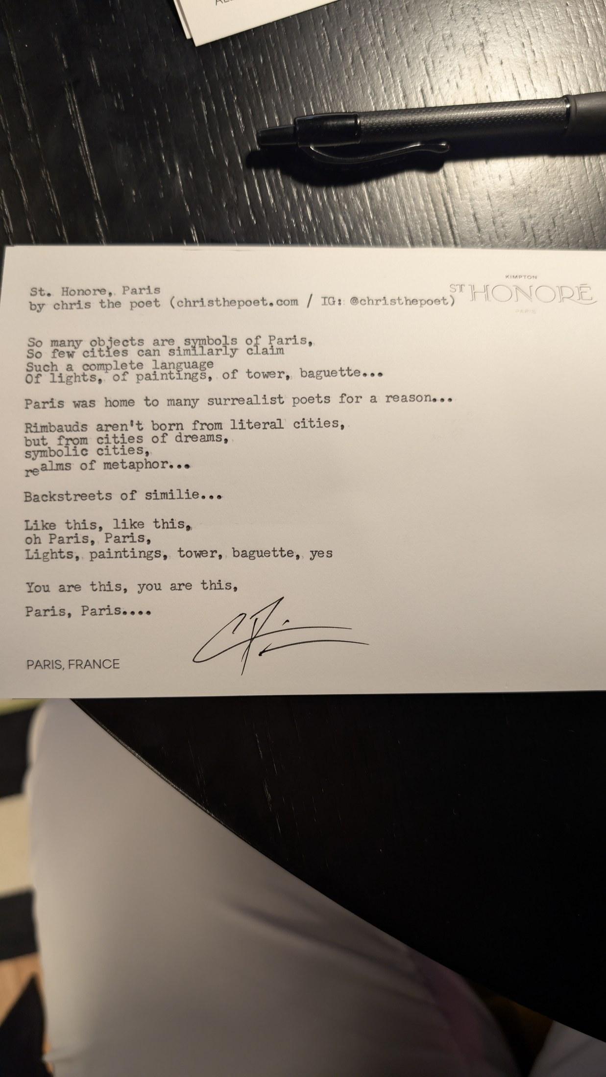 Original typewritten poem St. Honore, Paris by Chris the Poet