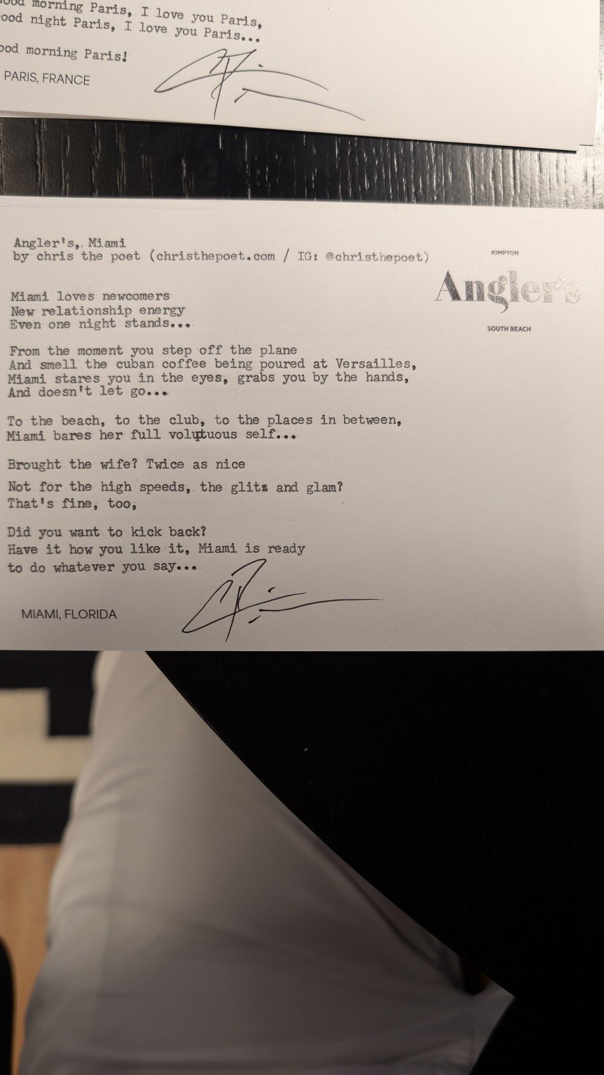 Original typewritten poem Angler's, Miami by Chris the Poet