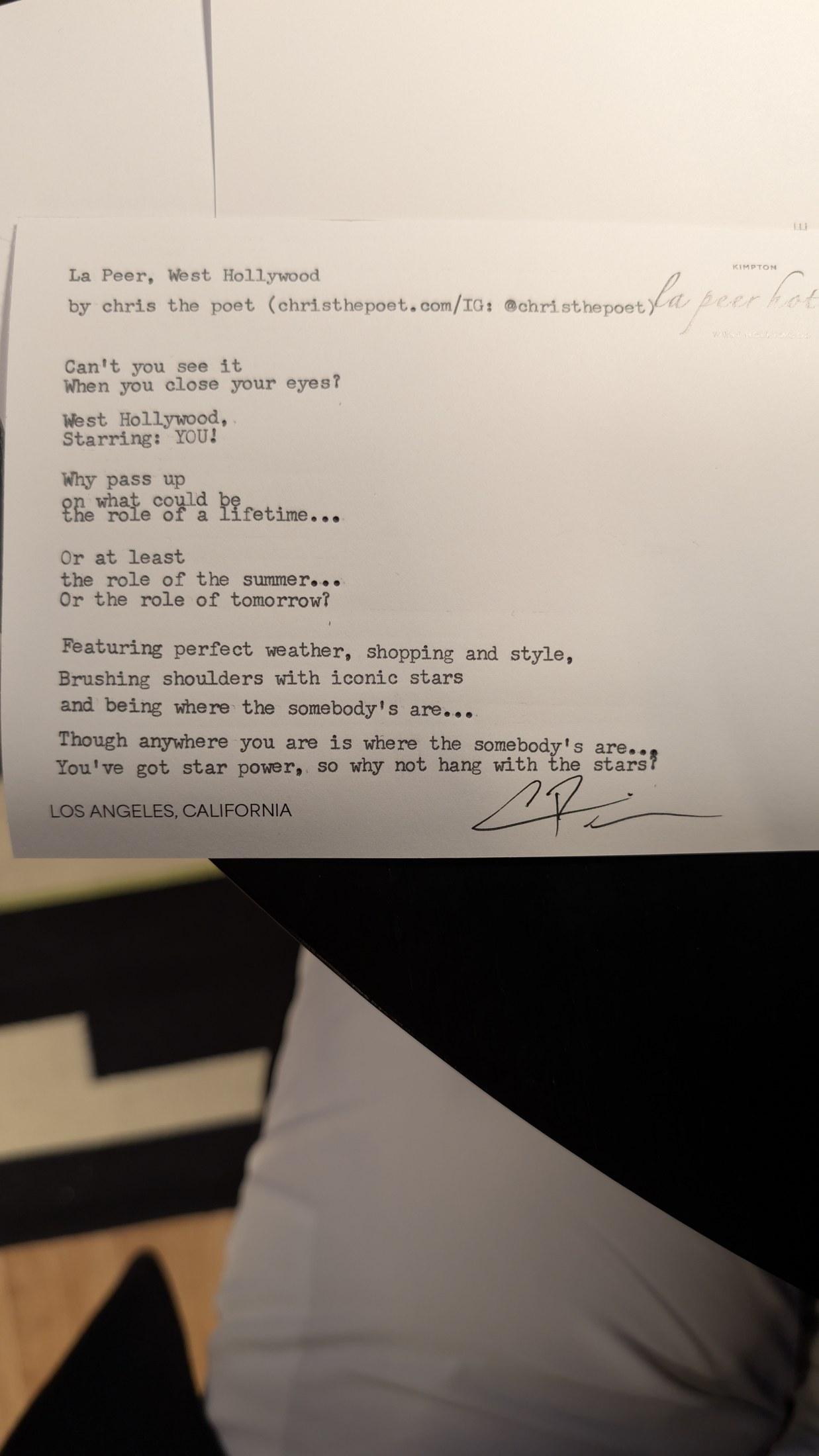 Original typewritten poem La Peer, West Hollywood by Chris the Poet
