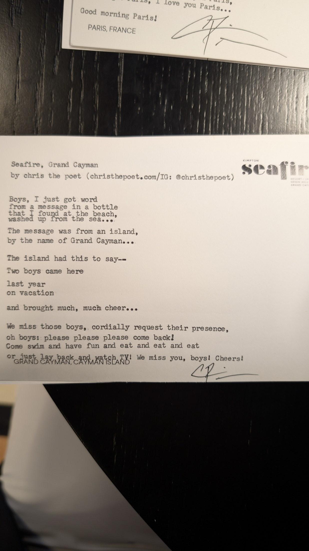 Original typewritten poem Seafire, Grand Cayman by Chris the Poet