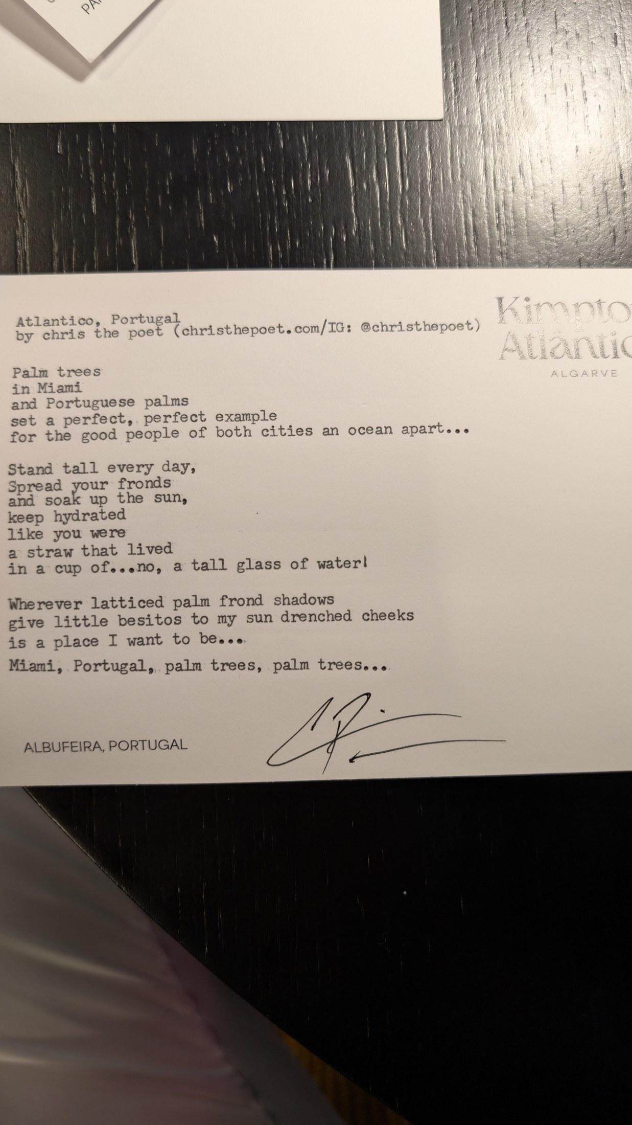 Original typewritten poem Atlantico, Portugal by Chris the Poet