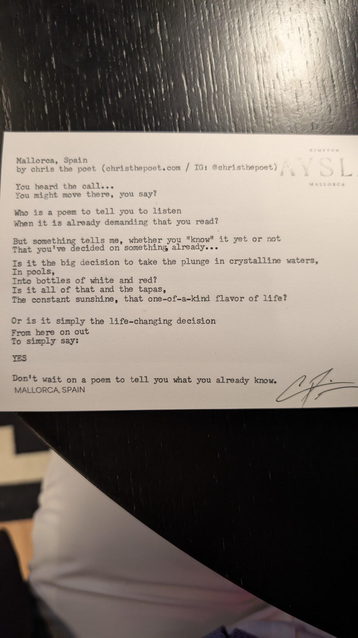 Original typewritten poem Mallorca, Spain by Chris the Poet