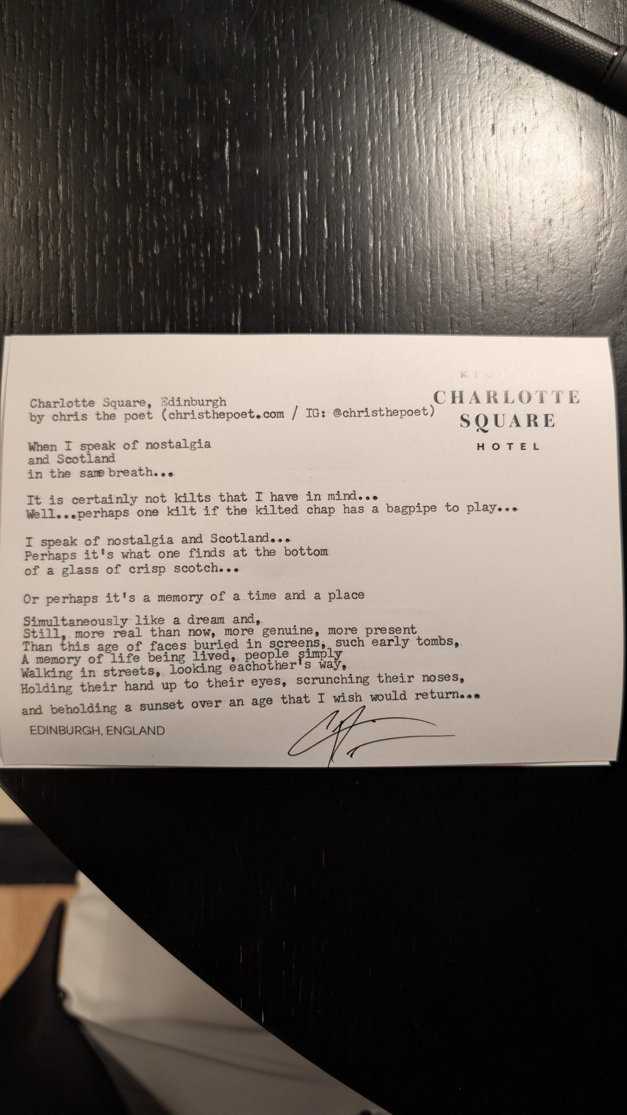 Original typewritten poem Charlotte Square, Edinburgh by Chris the Poet