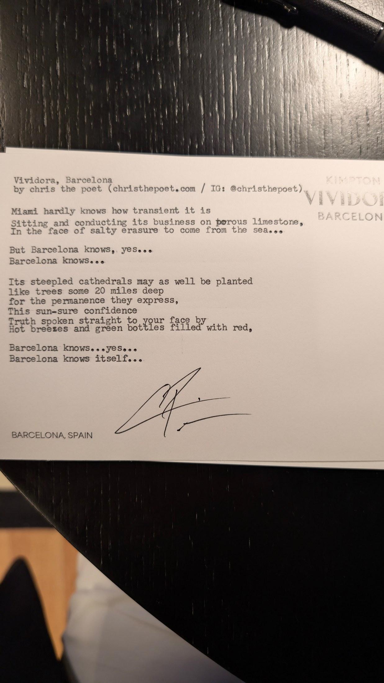 Original typewritten poem Vividora, Barcelona by Chris the Poet