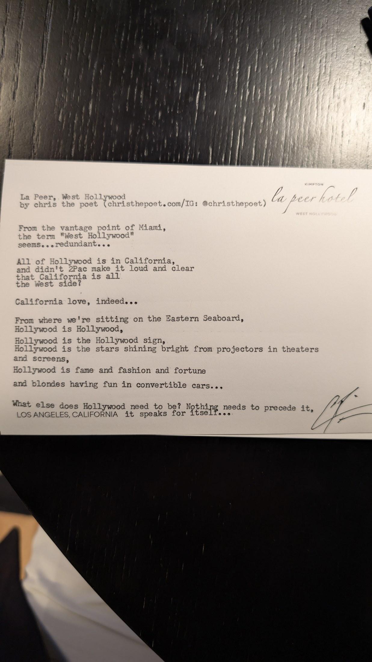 Original typewritten poem La Peer, West Hollywood by Chris the Poet