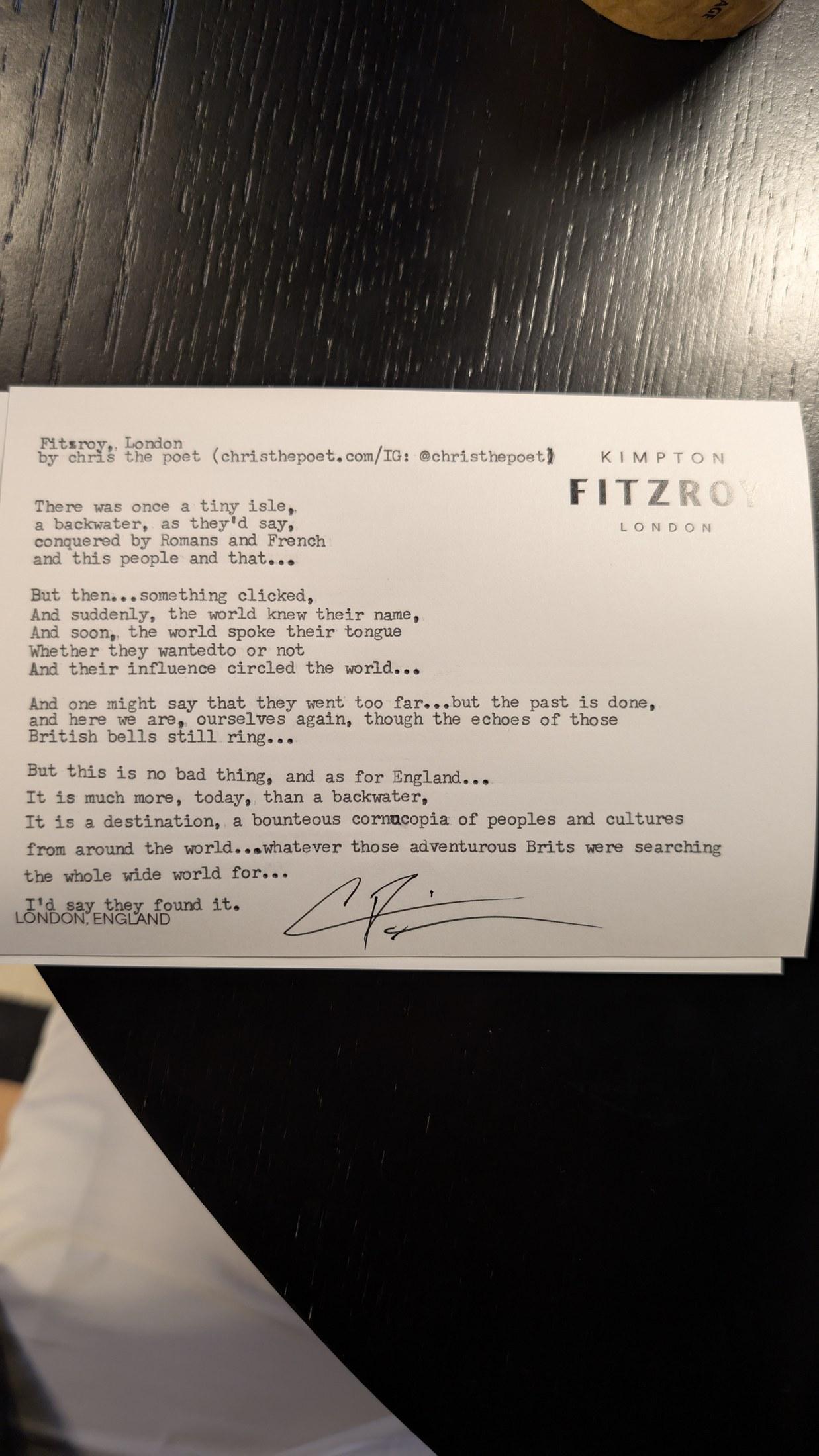 Original typewritten poem Fitzroy, London by Chris the Poet