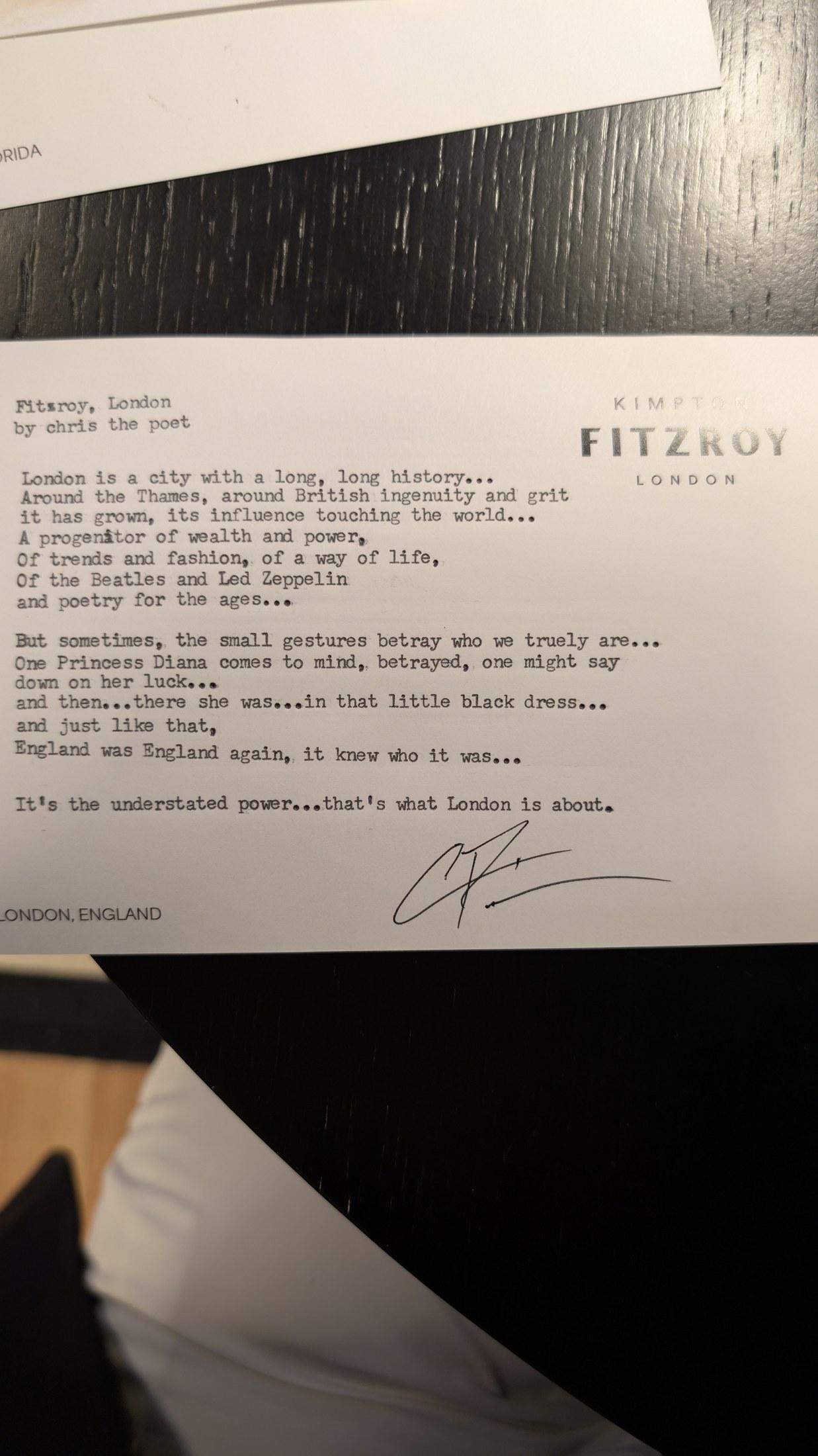 Original typewritten poem Fitzroy, London by Chris the Poet
