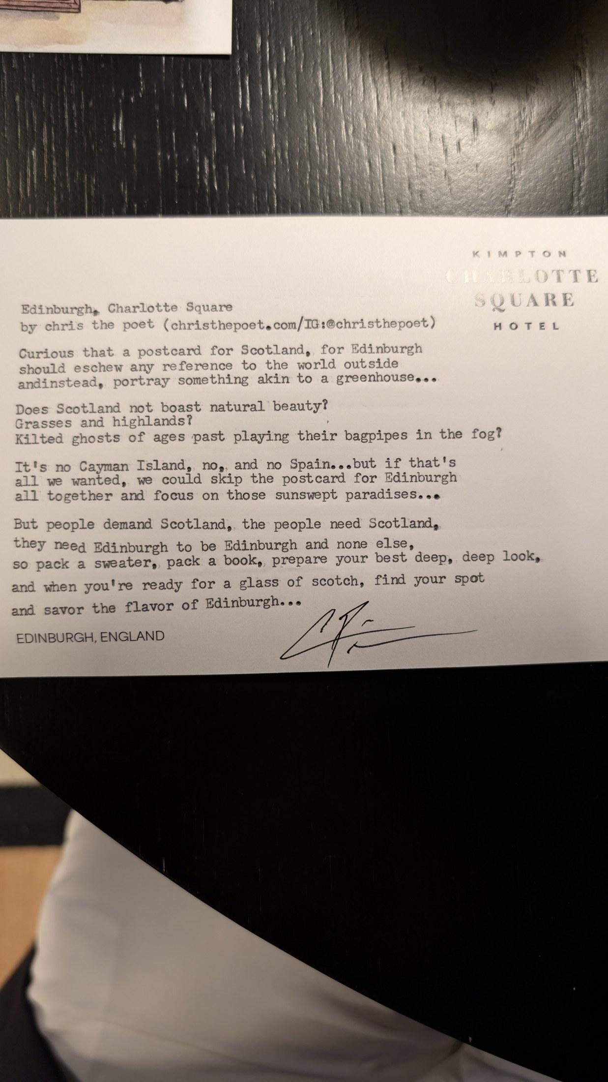 Original typewritten poem Edinburgh, Charlotte Square by Chris the Poet