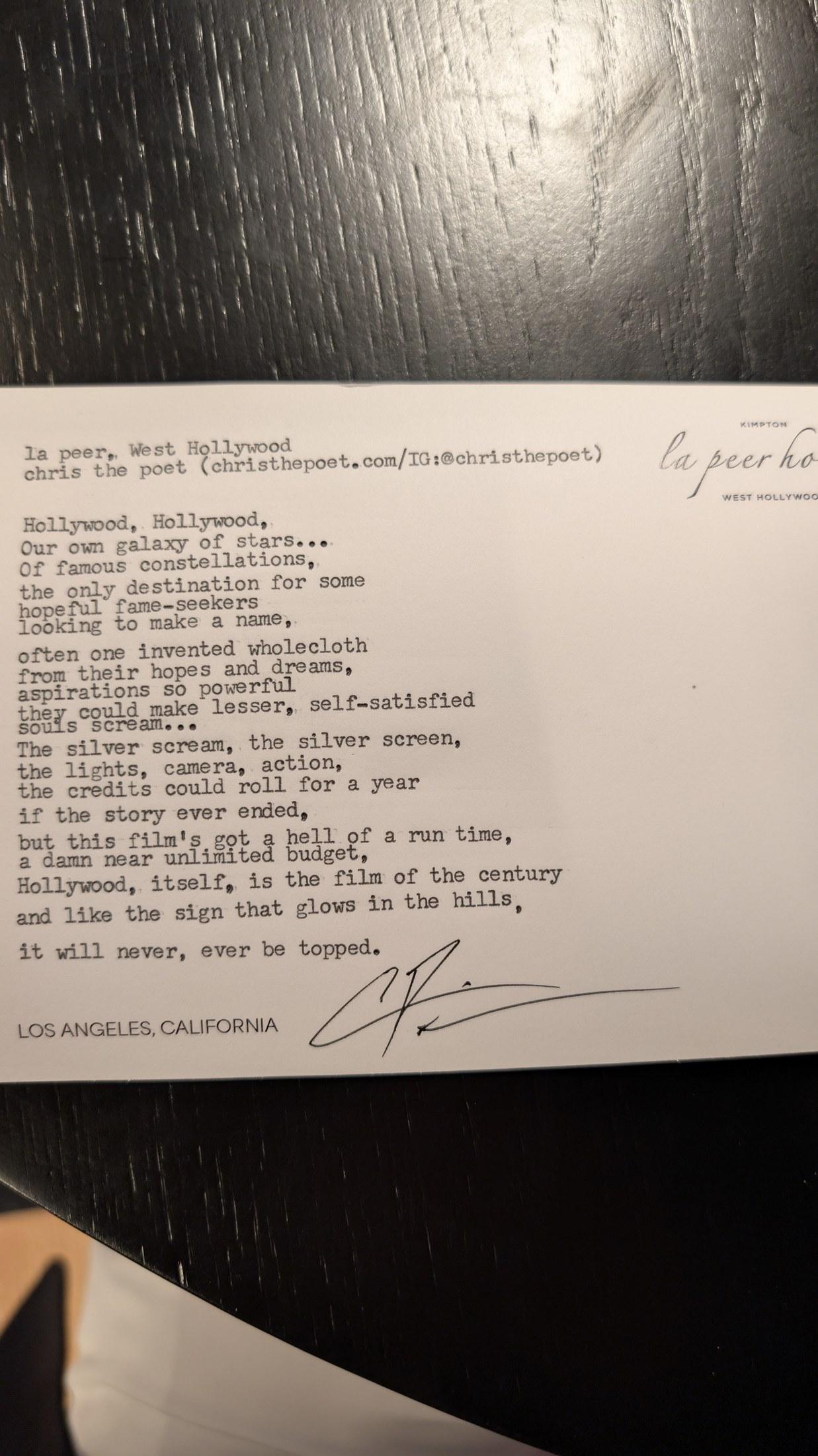Original typewritten poem La Peer, West Hollywood by Chris the Poet
