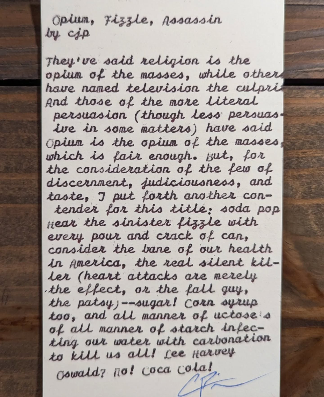 Original typewritten poem Opium, Fizzle, Assassin by Chris the Poet