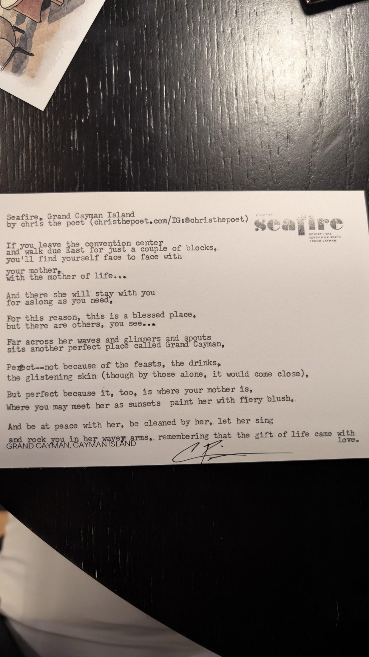 Original typewritten poem Seafire, Grand Cayman Island by Chris the Poet