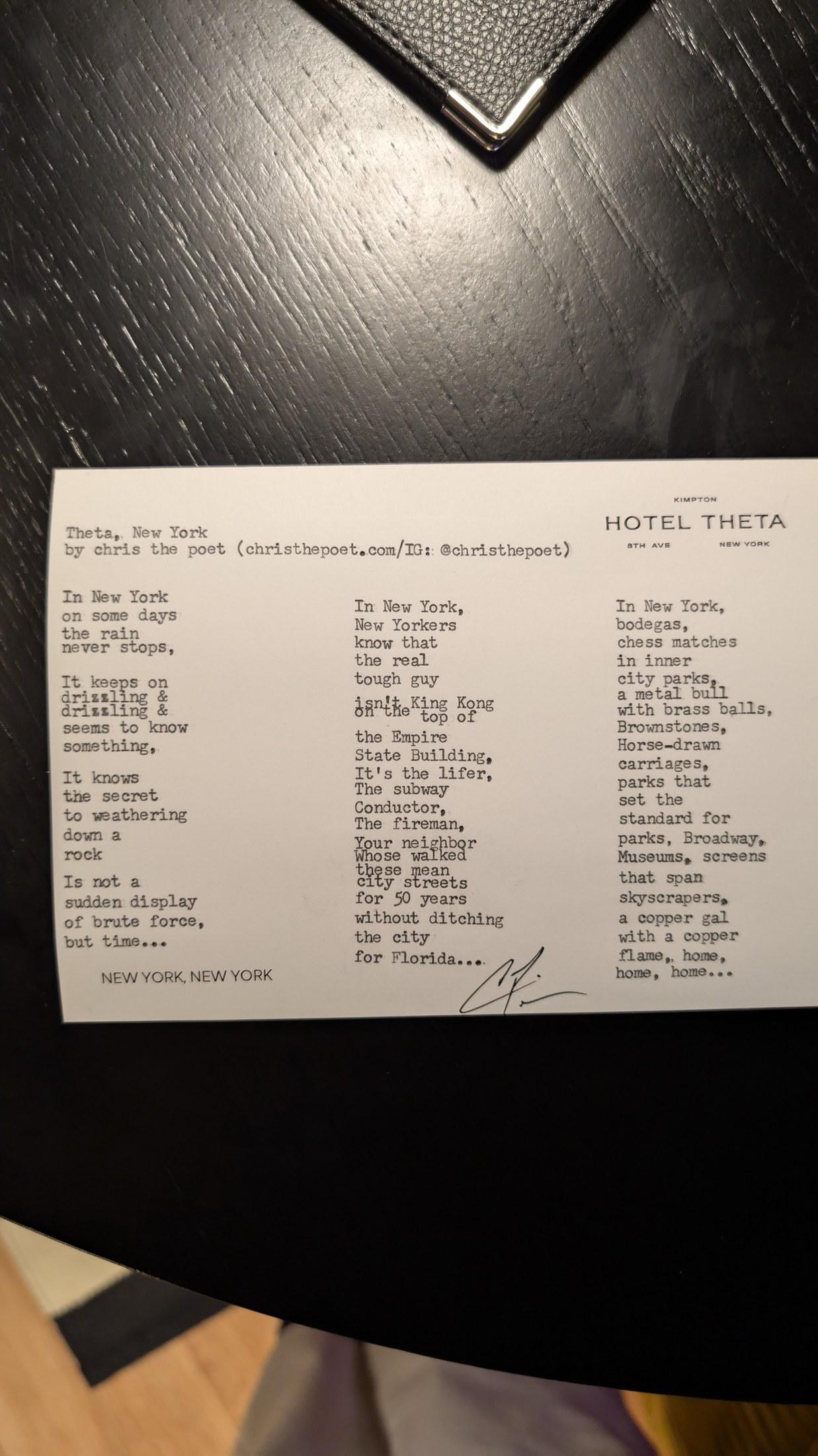 Original typewritten poem Theta, New York by Chris the Poet