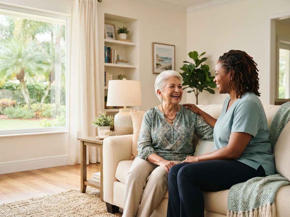 A Black caregiver sharing a warm moment with an older Latina client at home