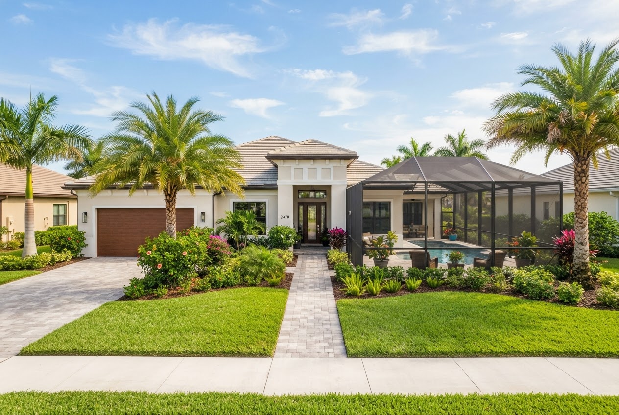 A well-kept modern Florida home with a lanai, palm trees, and manicured lawn under a sunny sky