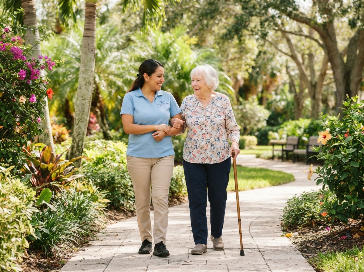 A caregiver gently supporting a smiling senior client on a sunny Florida walk