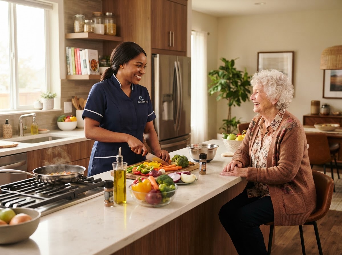 A caregiver preparing a fresh, healthy meal in a bright home kitchen while a senior client smiles nearby
