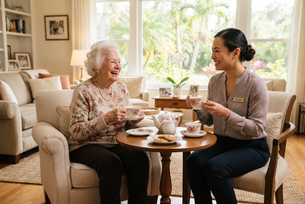 A caregiver sharing tea and conversation with a smiling senior client in a sunlit Florida living room