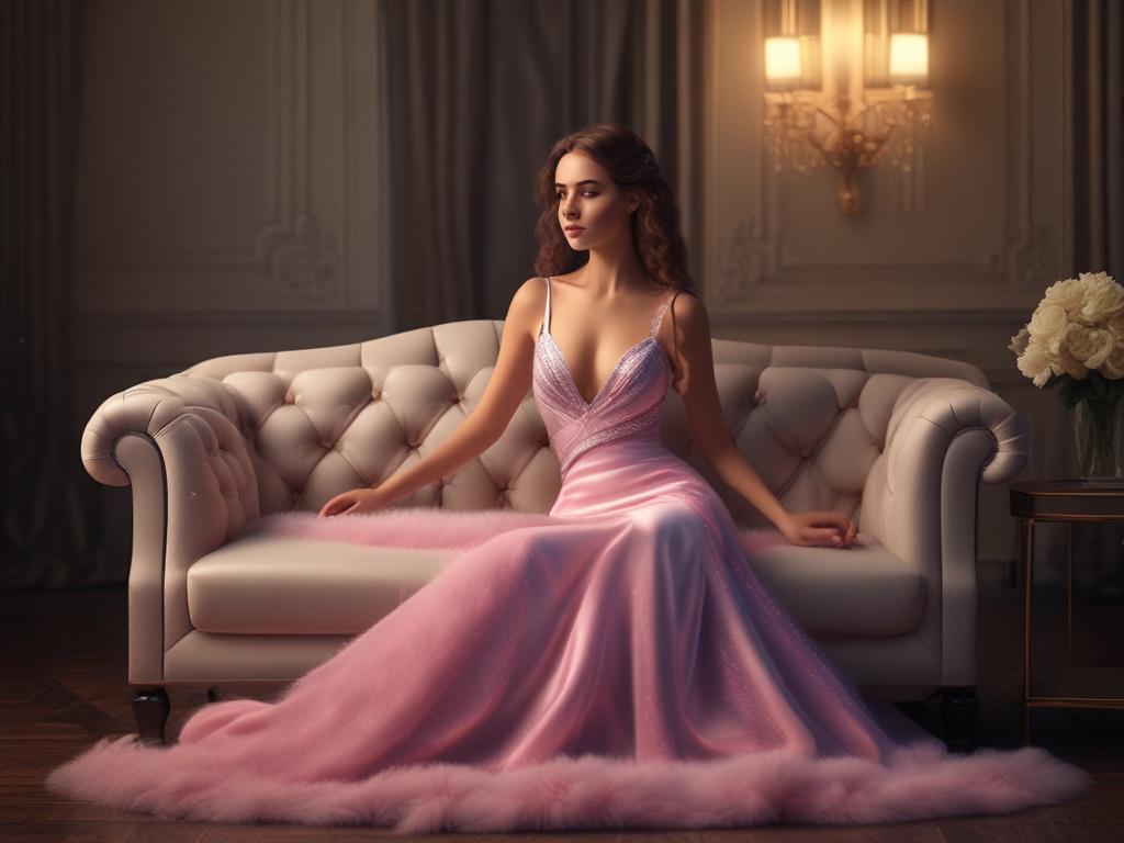 A stunning young woman in an elegant evening gown, sitting