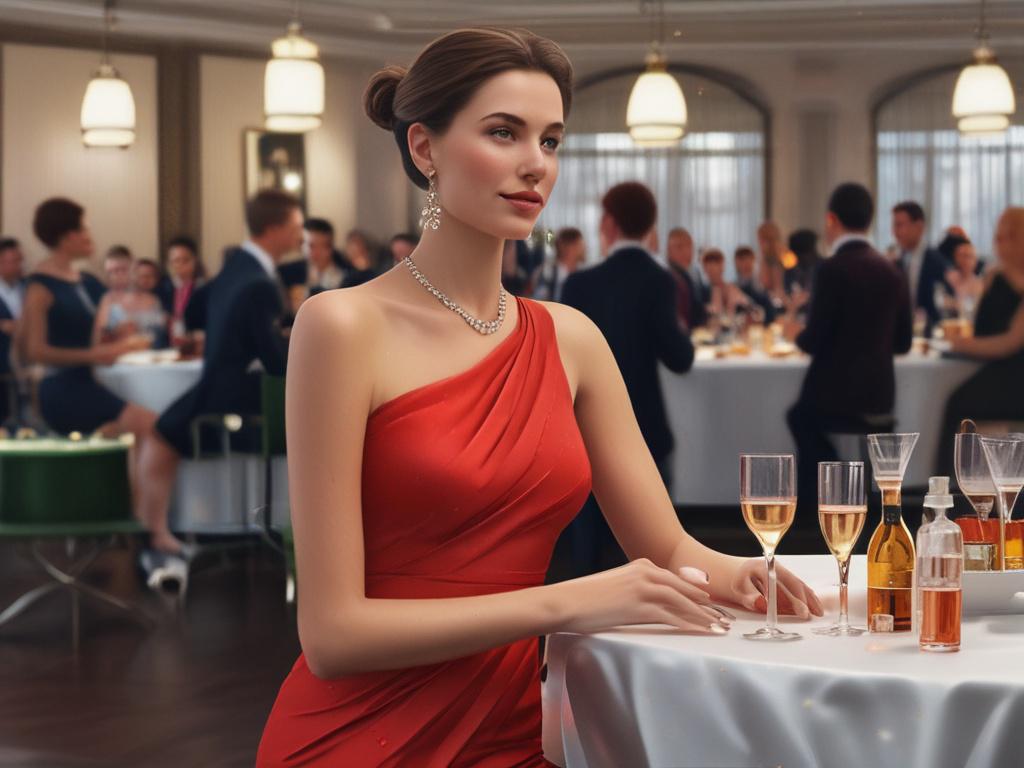 A sophisticated woman mingling at a stylish cocktail party, engaging