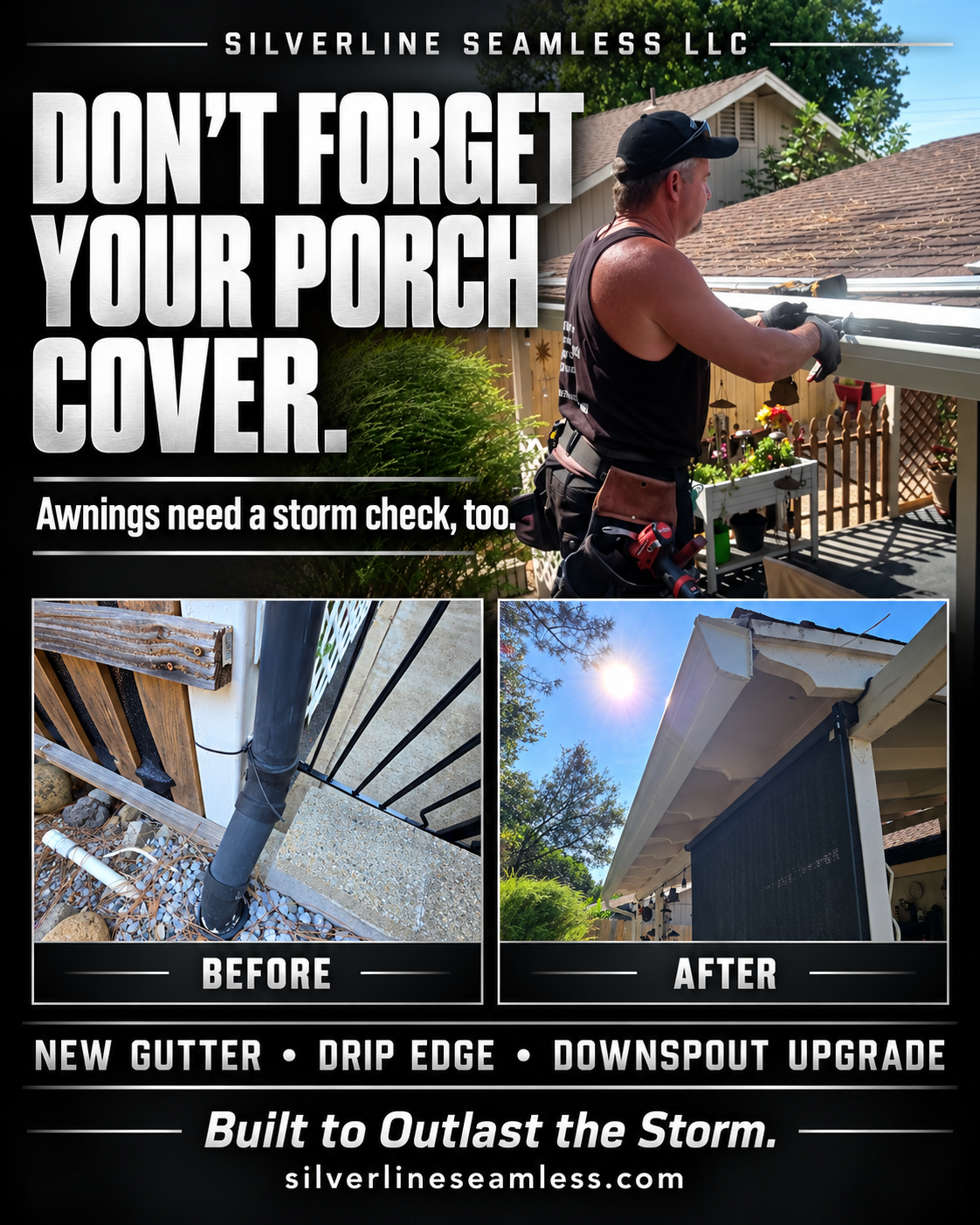 AI-assisted project graphic showing the porch-cover drainage work