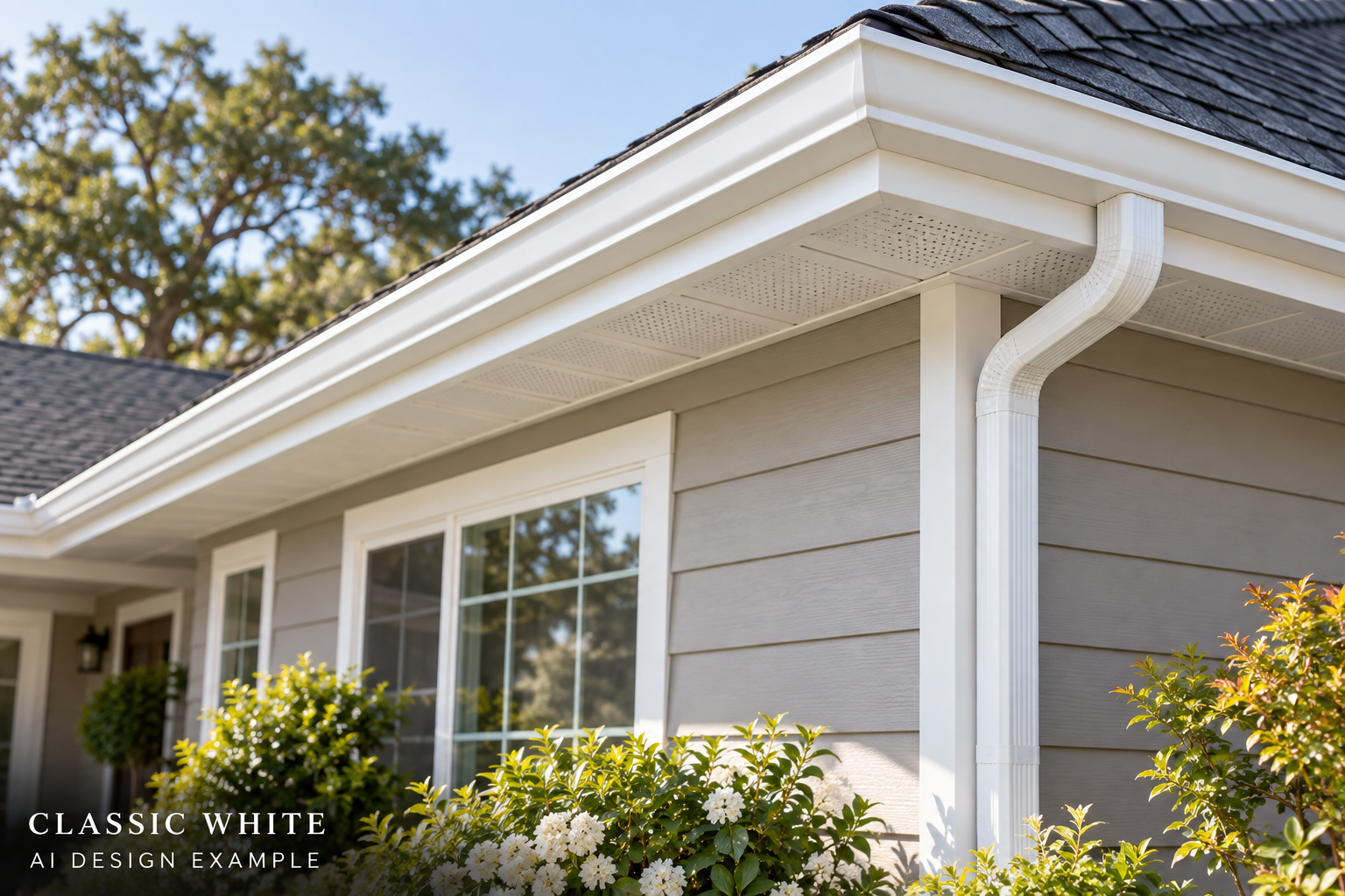 AI-generated roofline design example with classic white finish for soffit, fascia and gutters