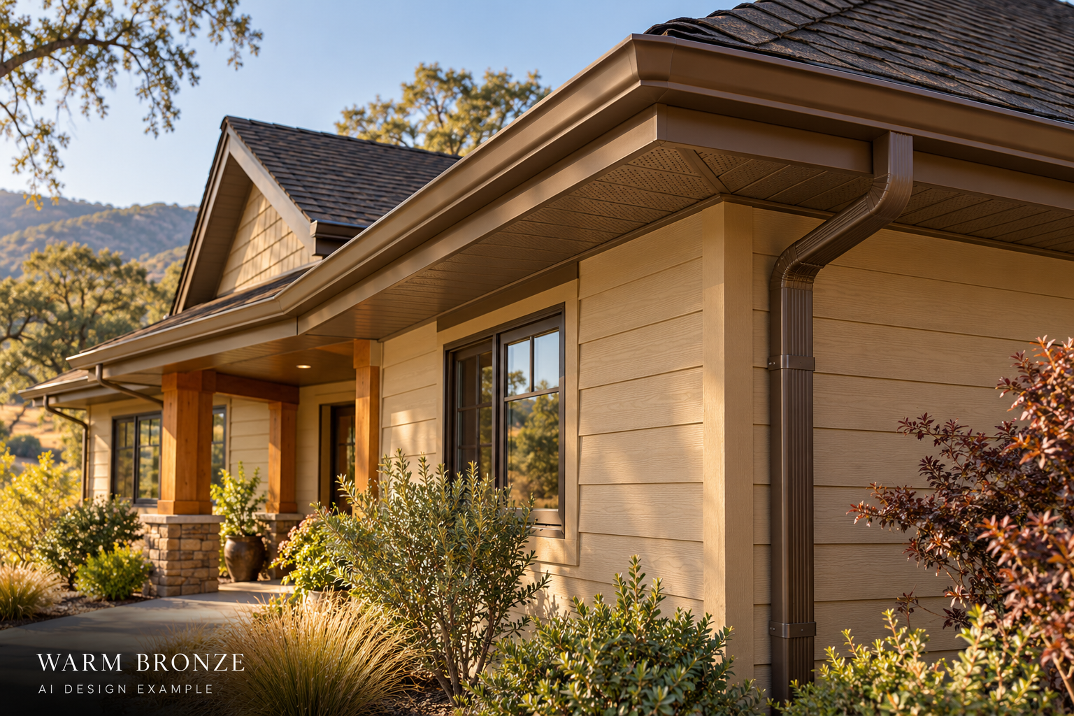 AI-generated roofline design example with warm bronze finish for soffit, fascia and gutters