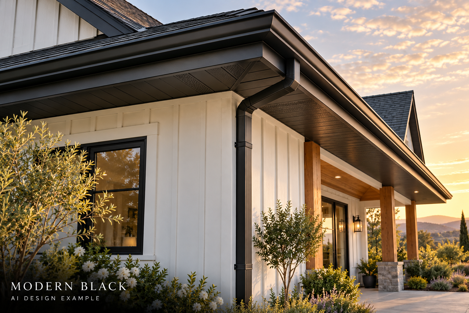 AI-generated roofline design example with modern black finish for fascia and gutters