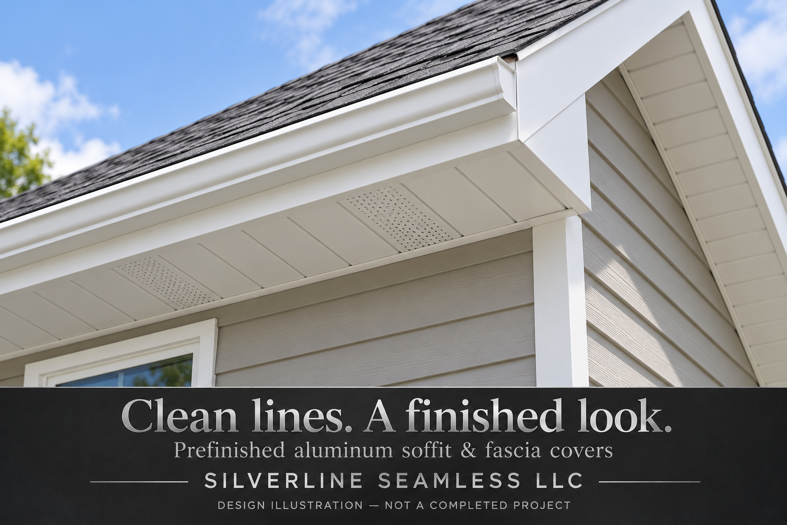 Roofline design illustration showing white prefinished aluminum soffit and fascia covers