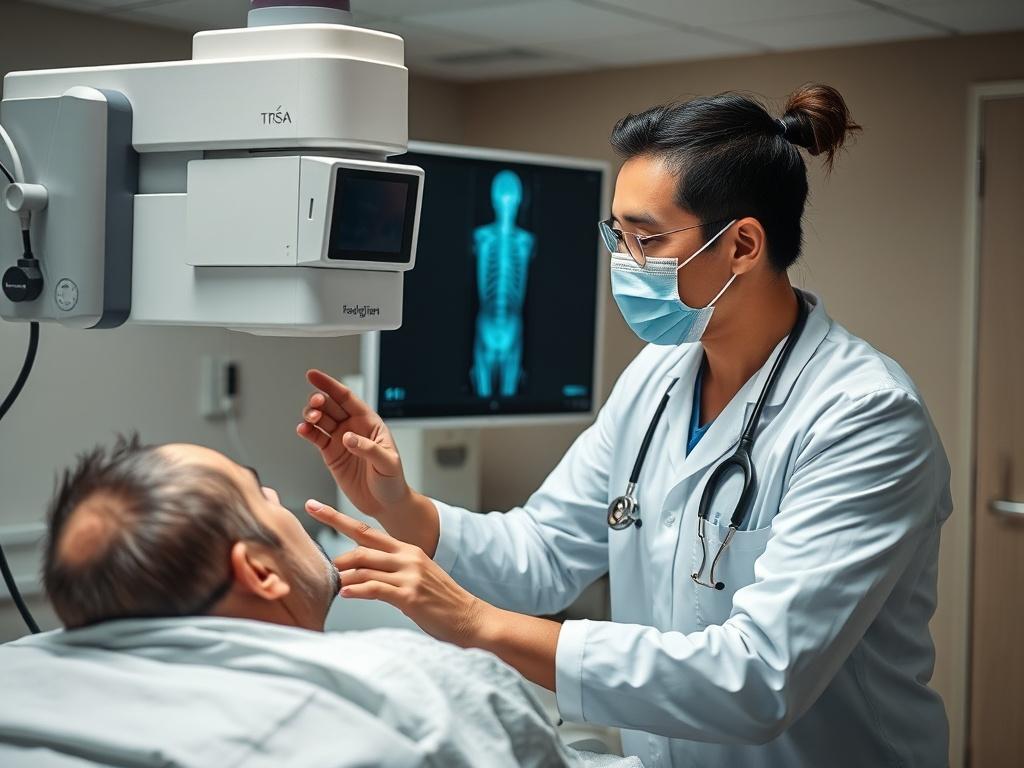 A high resolution close up shot of a radiographer preparing