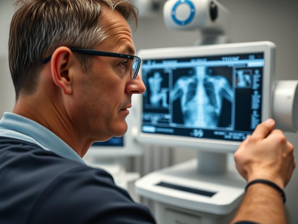 A close up shot of a radiology technician reviewing X