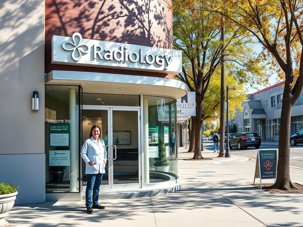 A modern radiology clinic exterior in a neighborhood setting, showcasing