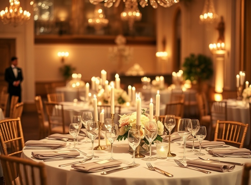 Elegant wedding reception with soft candlelight and refined table settings