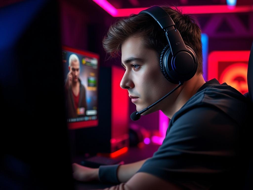 A professional gaming coach in a dark-themed gaming setup, focused on a computer screen displaying League of Legends gameplay. The coach is a young man with intense concentration, wearing a headset. The background is dimly lit with RGB lighting, enhancing a modern and immersive atmosphere. The image is captured in high resolution with a close-up shot, showcasing the determination and focus of the coach.