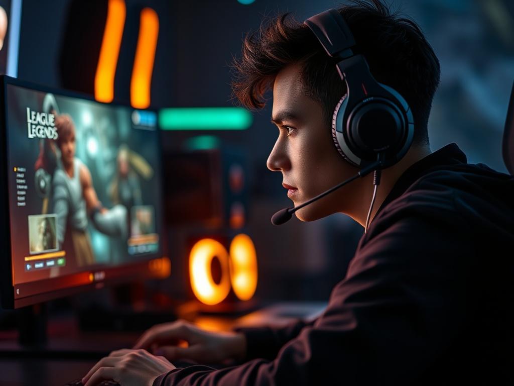 A close-up shot of a focused gamer sitting at a desk, intensely engaged in playing League of Legends. The background shows a dark-themed gaming setup with RGB lighting. The subject is wearing a gaming headset, showcasing a look of concentration. The scene is illuminated with a soft glow that highlights the gaming monitor displaying League of Legends gameplay. The overall tone is modern and dynamic, emphasizing the immersive experience of gaming.