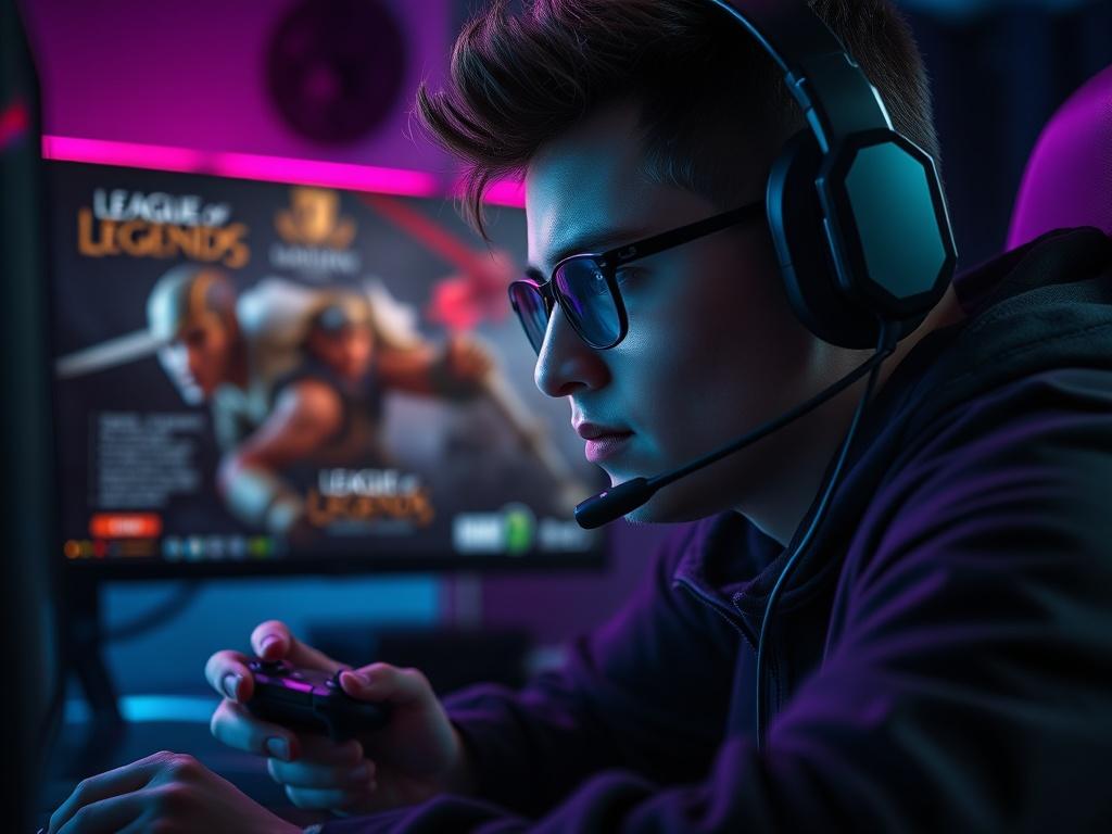 A close-up shot of a confident gamer strategizing for a League of Legends match. The scene features a dark-themed gaming environment with vibrant RGB highlights. The player is actively engaged with a game controller, showcasing determination and focus. The background displays a gaming monitor featuring League of Legends action. The image captures the intensity and excitement of competitive gaming, highlighting the player's journey towards improvement.