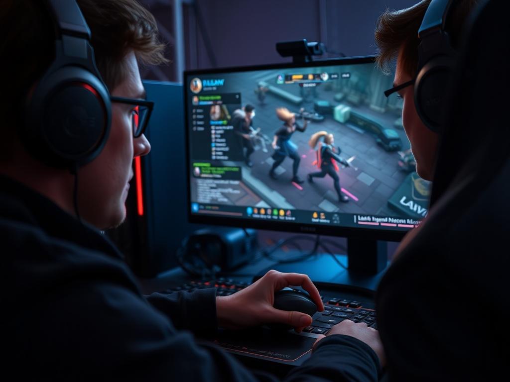 A close-up shot of a professional gamer in a competitive setting, analyzing game strategies on a high-resolution monitor displaying League of Legends. The dark-themed gaming setup features dynamic RGB lighting and a focused ambiance. The player is using a gaming mouse and keyboard, demonstrating concentration and engagement. The scene captures the essence of competitive gaming, showcasing the intensity and dedication required for success.