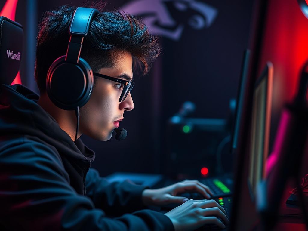 A close-up shot of a focused gamer using a computer, immersed in a game of League of Legends, with a dark-themed gaming setup and RGB lighting in the background. The composition highlights the player's intense concentration, showcasing the gaming environment.
