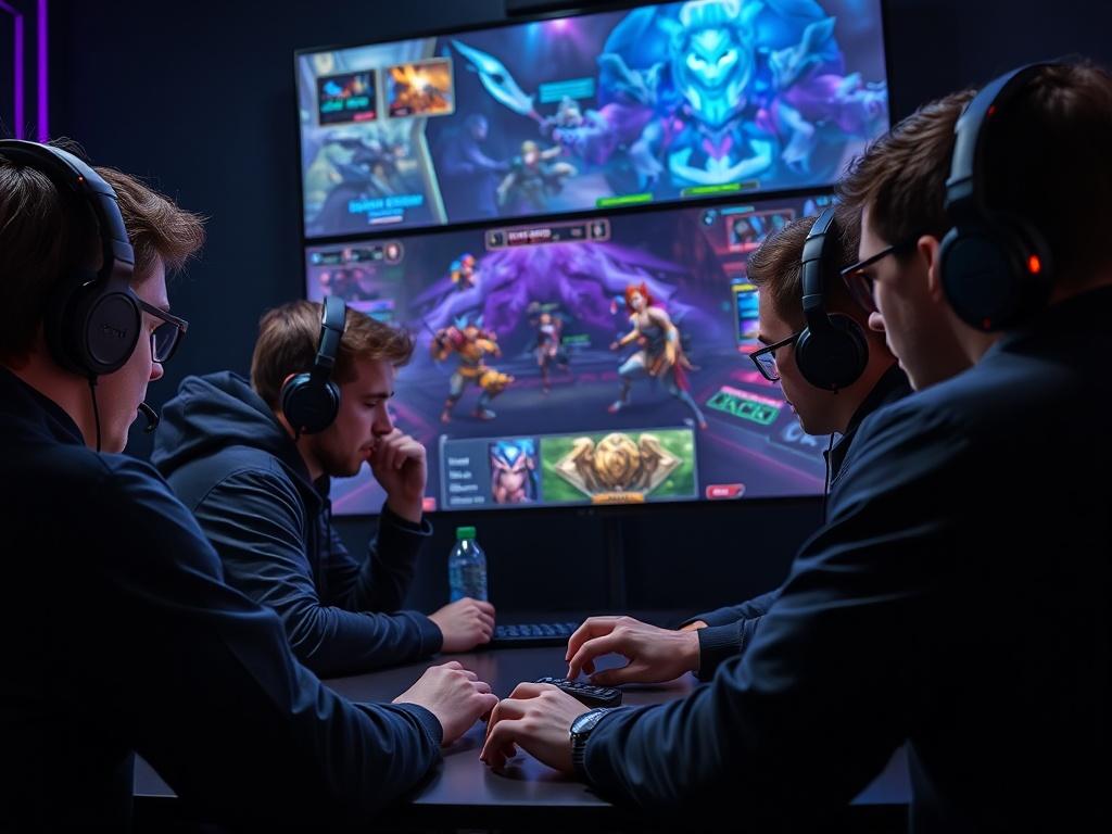A close-up shot of a group of gamers engaged in a team training session, analyzing strategies on a large screen displaying League of Legends gameplay. The setting is dark-themed with vibrant RGB lighting, showcasing teamwork and concentration.