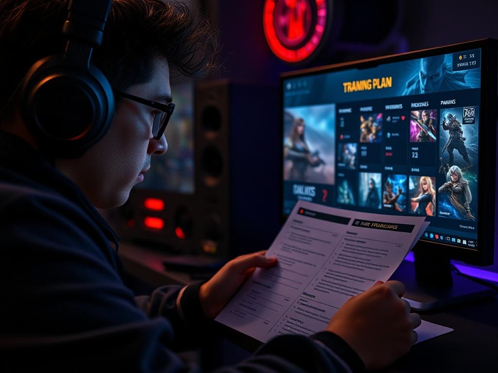A close-up shot of a dedicated gamer reviewing a personalized training plan, with League of Legends visuals on the screen in a dark-themed gaming environment. The image illustrates focus and determination to improve.