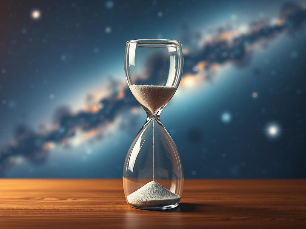 **AI Image Generation Prompt:**

Create a realistic high-resolution image titled "Kosmischer Maßstab" that visually represents the vastness of cosmic time within a single powerful subject. The main focus of the image should be a solitary hourglass, beautifully crafted from crystal, placed on a simple wooden table. The hourglass should be nearly full, with a fine, shimmering sand that glitters under soft, warm lighting. 

In the background, depict an expansive night sky filled with an array of stars and gala