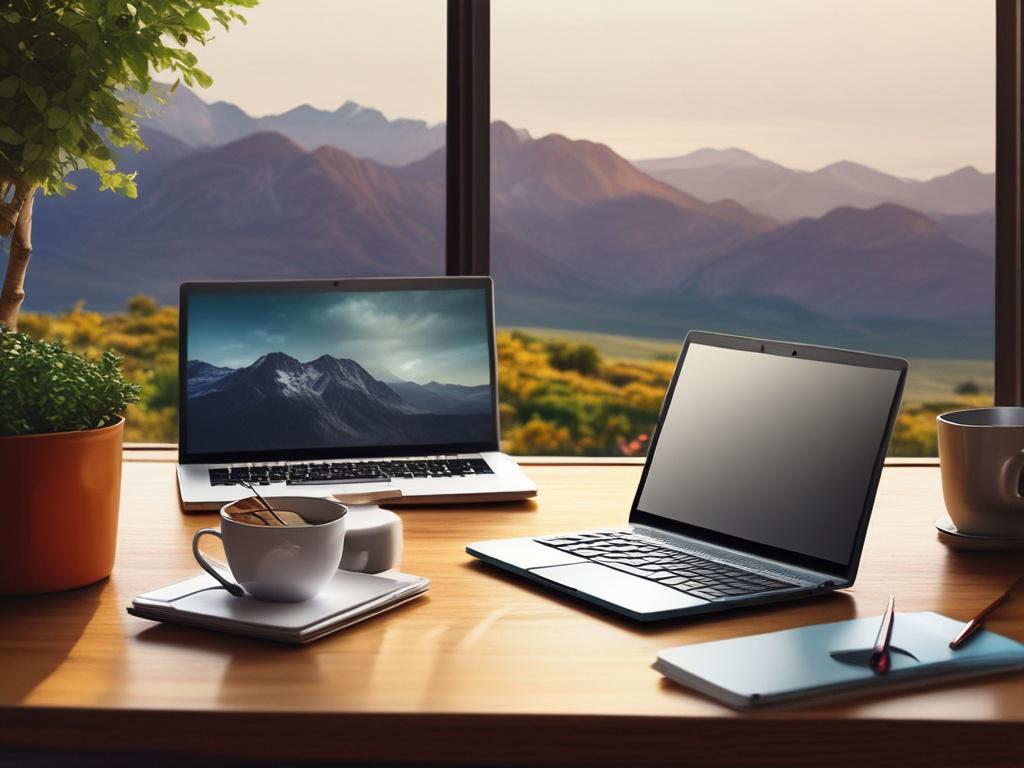 high resolution of a serene landscape with a laptop and