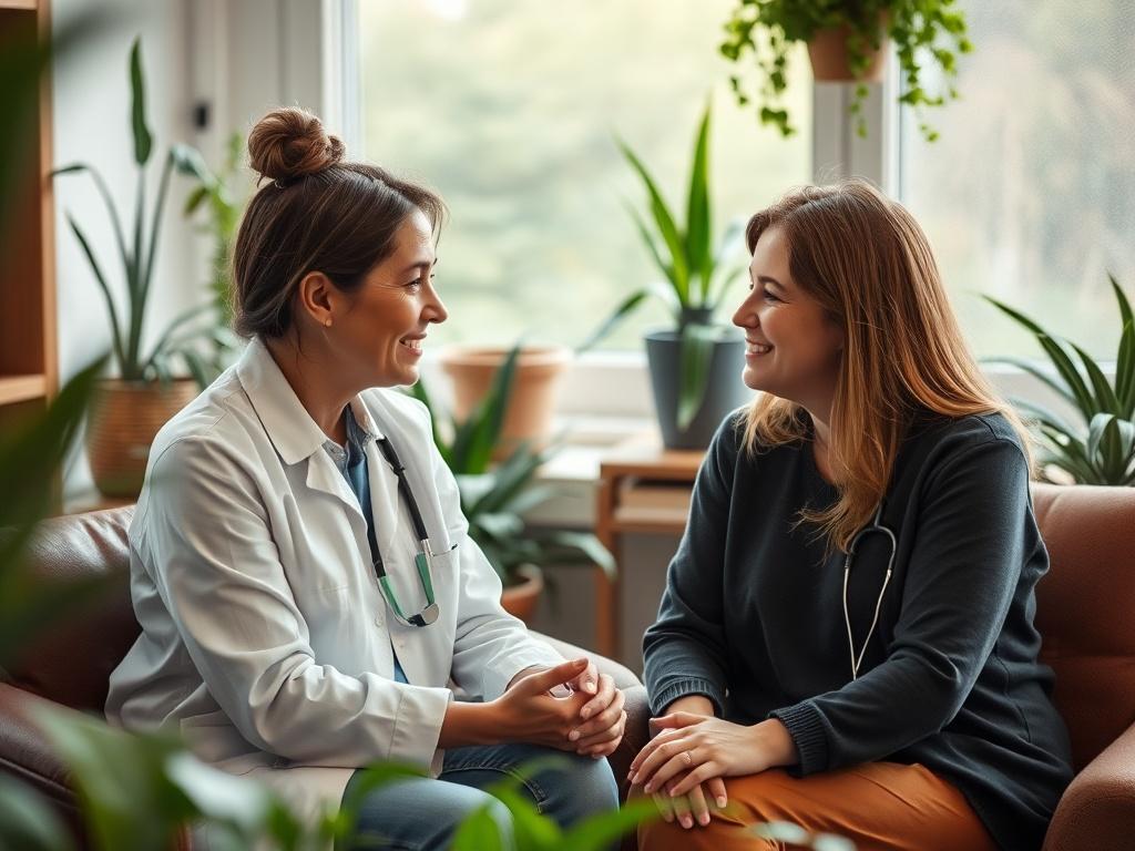 A heartwarming image of a therapist and a client engaged in a supportive conversation in a cozy, plant-filled office. The atmosphere should feel warm and inviting, with greenery adding a touch of nature. The color tone should be soft forest green, evoking feelings of comfort and safety.