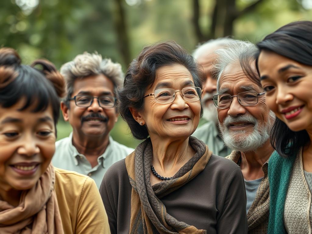 An engaging image showcasing a diverse group of individuals from different generations, each expressing various emotions—happiness, contemplation, and determination. The backdrop should be a lush, green park, symbolizing growth and connection across ages. The color scheme should reflect calming forest greens, portraying a sense of community and support.