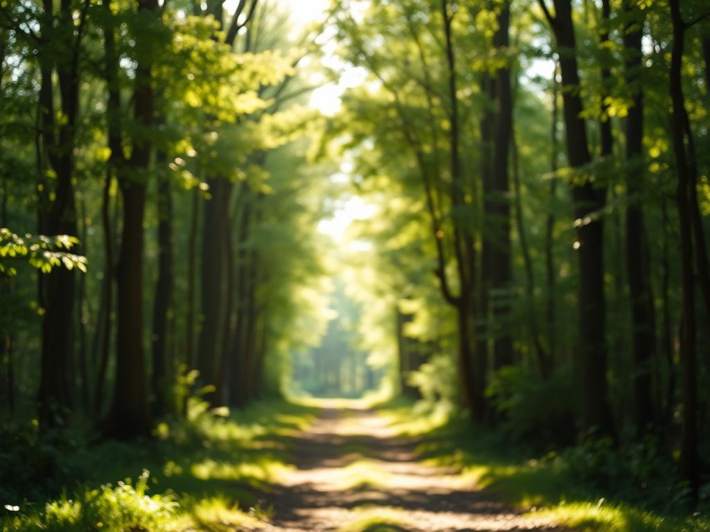 A serene nature scene featuring a tranquil forest with soft sunlight filtering through the leaves, emphasizing calmness and peace. The image should depict a single, inviting forest pathway, encouraging viewers to take a moment for self-reflection and care. The color palette should be in shades of forest green, creating a harmonious and soothing ambiance.